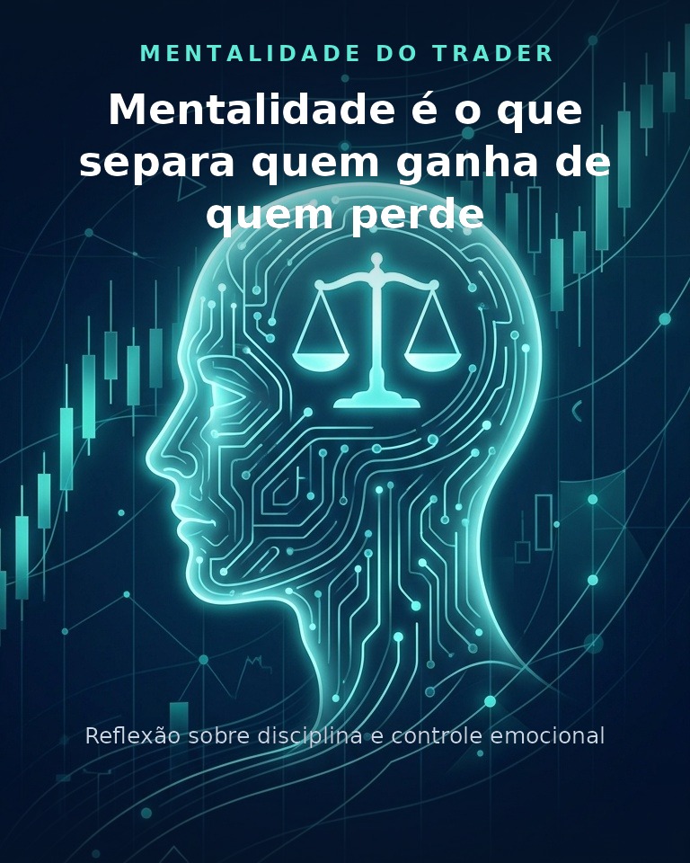 Ilustração de uma cabeça com circuitos e uma balança, representando mentalidade e equilíbrio emocional no day trade